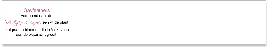 Gayfeathers vernoemd naar de Vrolijke veertjes, een wilde plantmet paarse bloemen die in Vinkeveenaan de waterkant groeit.